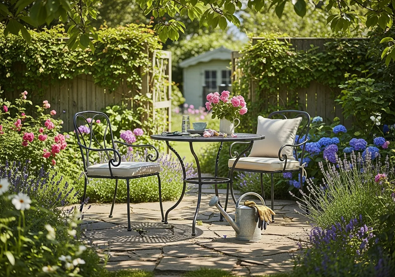 Restored outdoor furniture in garden setting