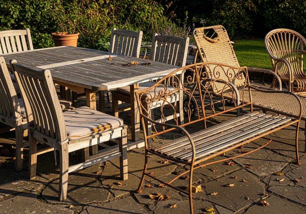 Weathered outdoor furniture needing restoration
